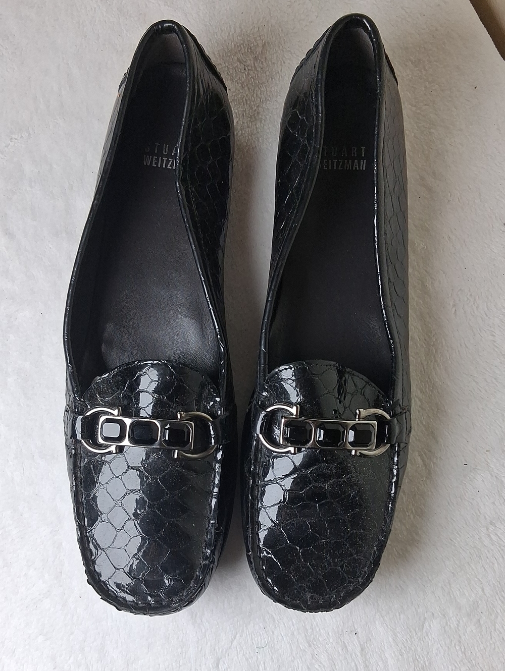Stuart Weitzman Black Patent Croc-Embossed Leather Loafers with Silver Hardware